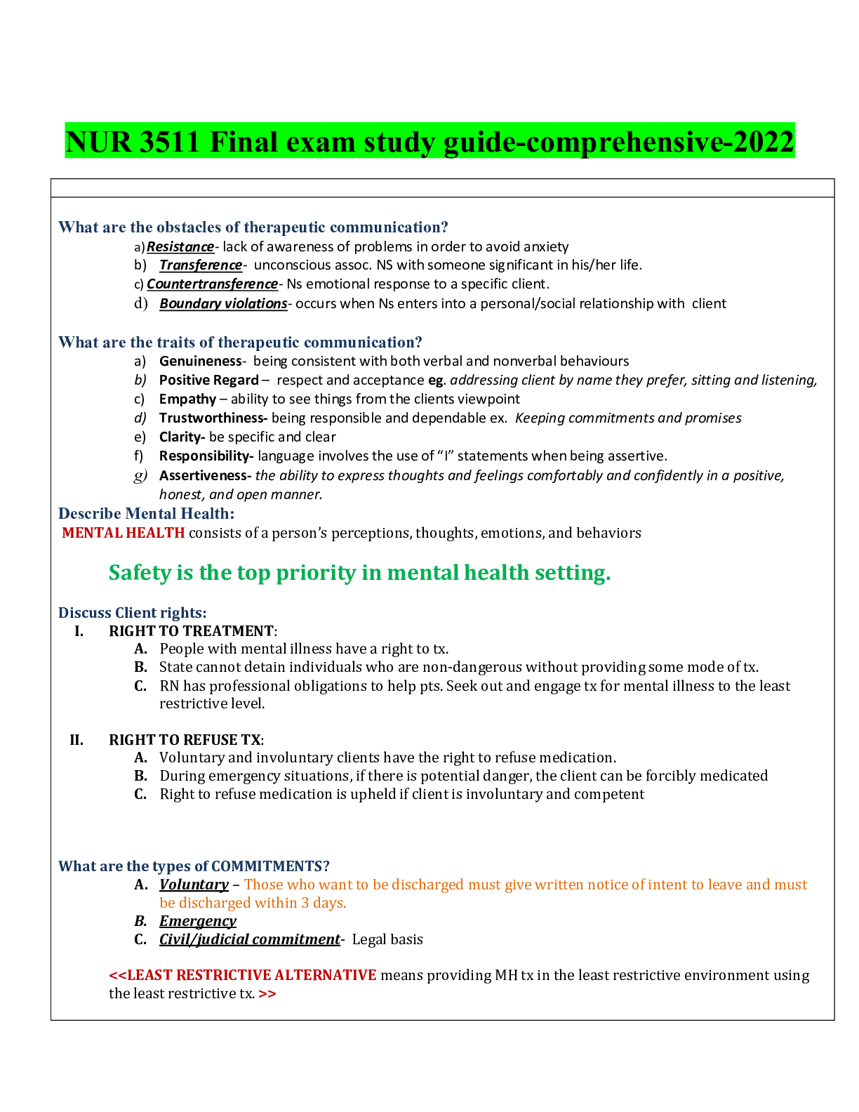 Preview of NUR 3511 Final exam study guide-comprehensive-2022